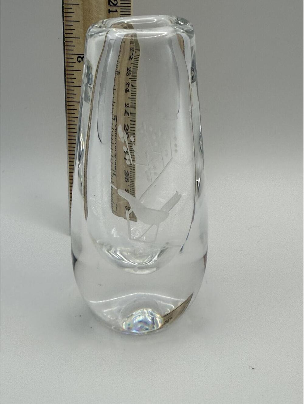Swedish Signed Studio Art Glass Vase Bird Tree Etched Heavy Clear Crystal 3”l